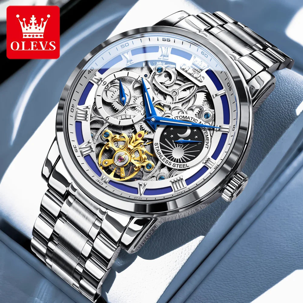 OLEVS Herrenuhr Original Luxusmarke Skelett Mechanische Armbanduhr Mondphase Wasserdicht Business Herrenuhr 6670
