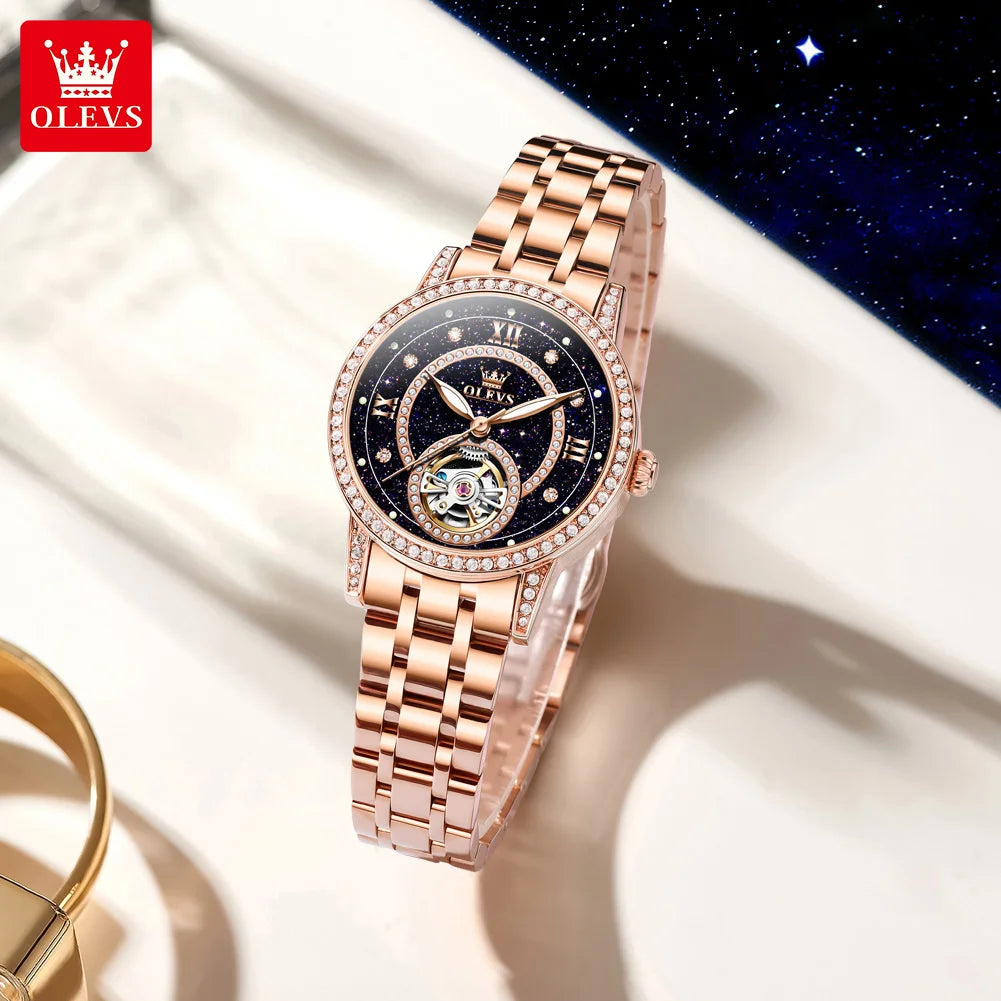 OLEVS Hollow Original Mechanical Watches For Women Diamond Luxury Automatic Hand Clock Waterproof Elegant Woman Dress Watches