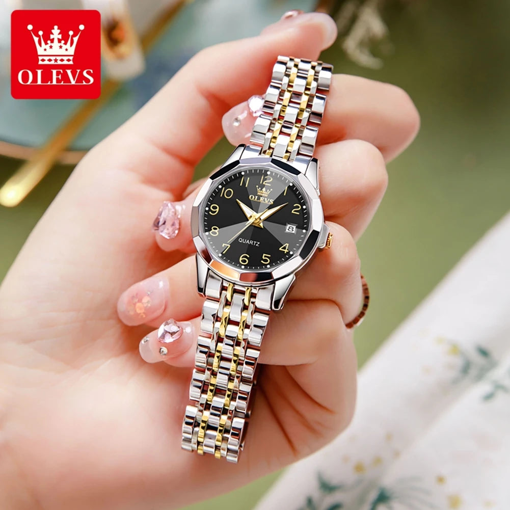OLEVS 9970 Paar-Armbanduhr für Herren und Damen, luxuriöses Zifferblatt, Rhombus-Spiegel, Quarz-Handuhr, Edelstahl, originale Kleideruhren