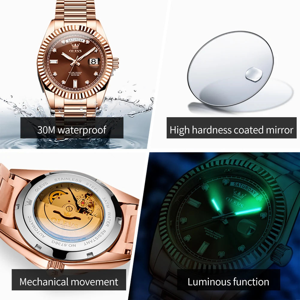 OLEVS 6736 Neue Original Herrenuhr Automatische Mechanische Uhr Luxusuhren für Herren 30M Wasserdicht Kalender Woche Zeigeruhr