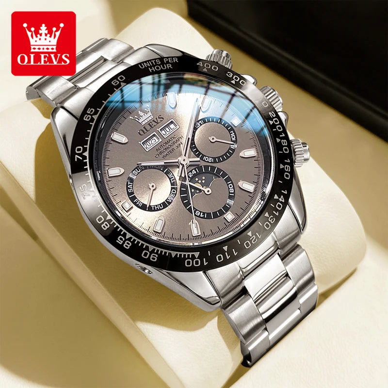 OLEVS 6654 Herrenuhr Wochenkalenderanzeige Automatische mechanische Uhr für Herren Edelstahl Wasserdicht Geschäftsuhr