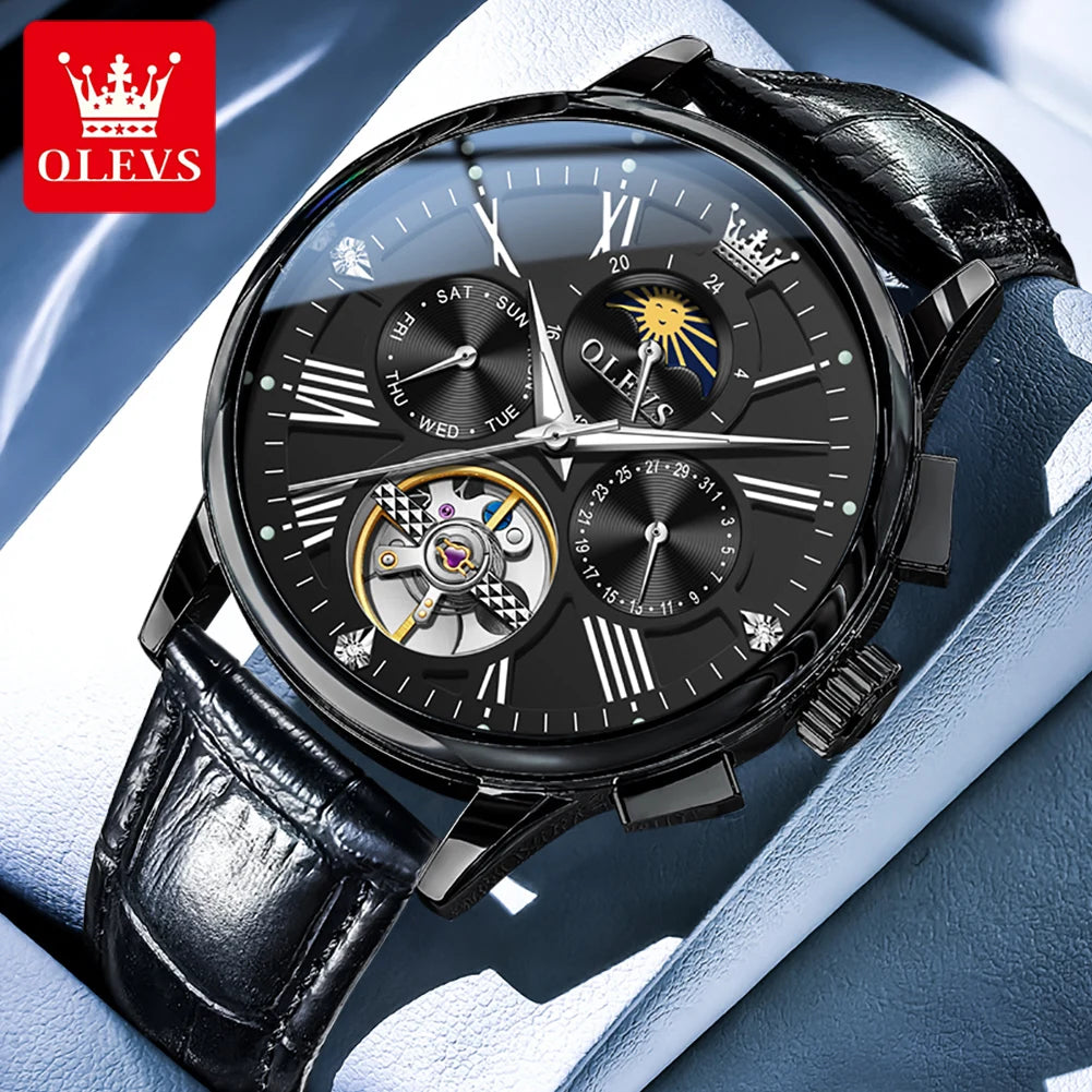 OLEVS Luxus-Herrenuhren Original Fashion Skeleton Automatische mechanische Uhren Wasserdichte Mondphasenuhren für Männer 9912