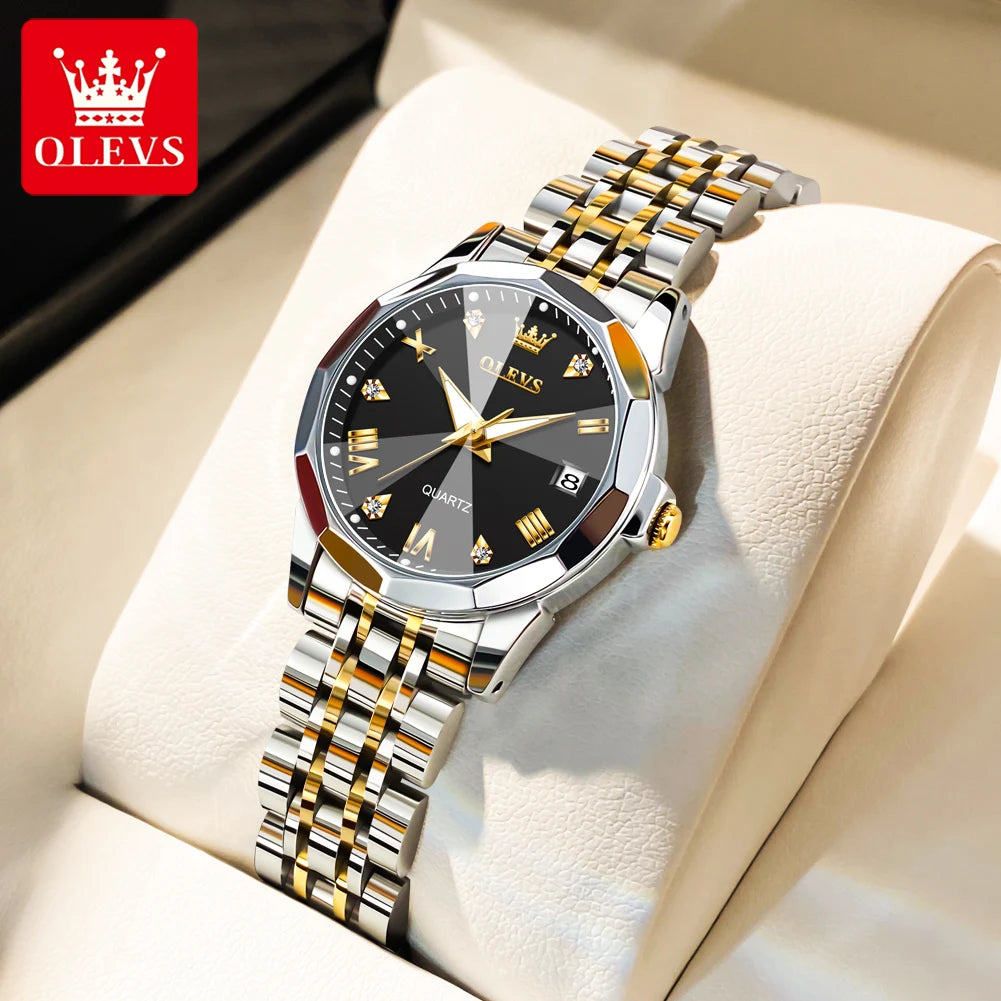 OLEVS 9931 Original Quarzuhren für Damen, Rauten-Spiegel, wasserdicht, leuchtend, Edelstahl-Armbanduhren, Kalender, Neu