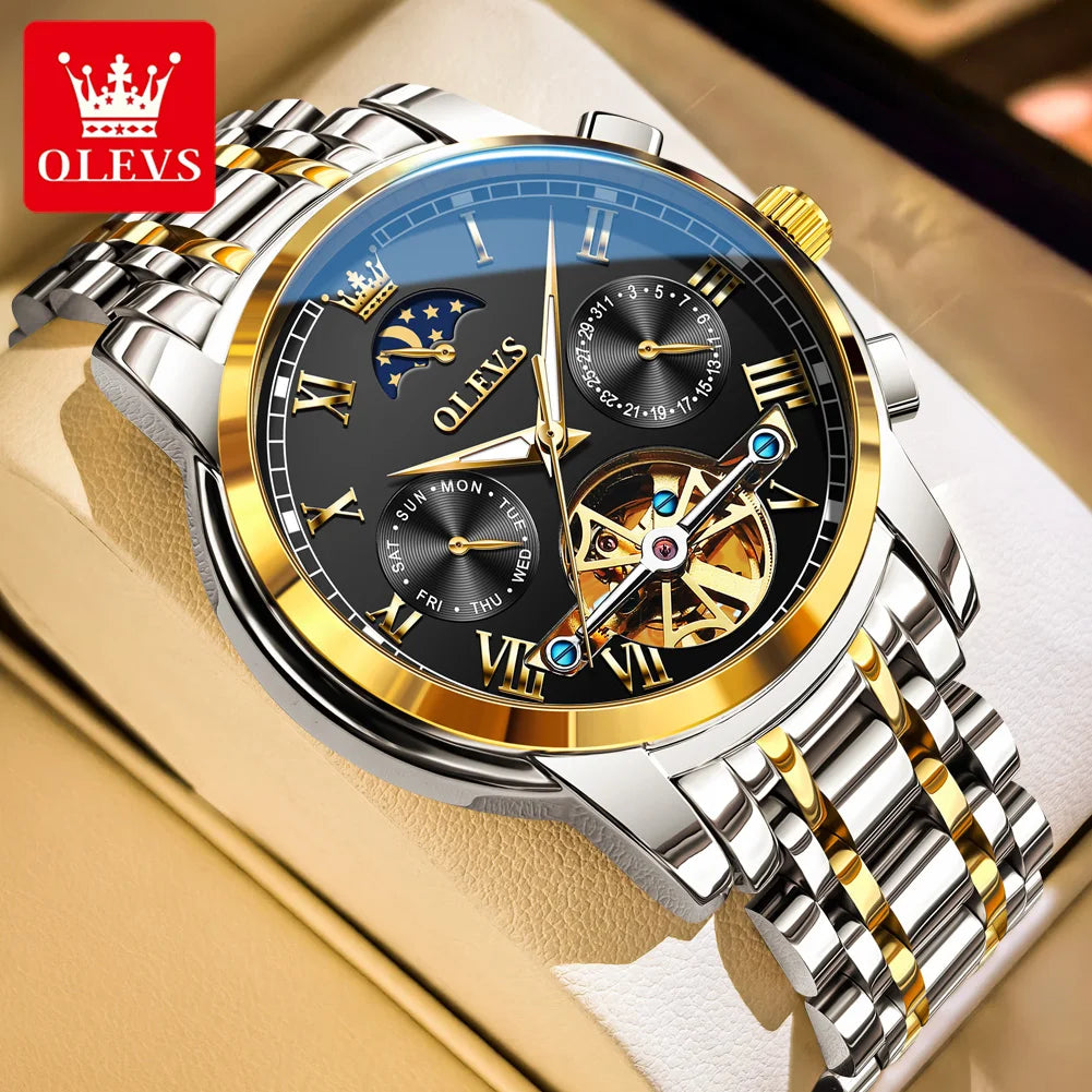 OLEVS Herrenuhren Mondphase Luxus-Edelstahl-Schwungrad Mechanische Handuhr Datum Wasserdicht Leuchtende Herrenuhr 6617