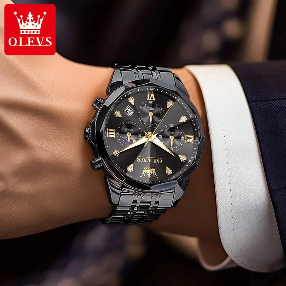 OLEVS 3670 Men's Watch Fashion Date Moon Phase Luminous Quartz Watch For Men Luxury Chronograph Waterproof Business Hand Clock