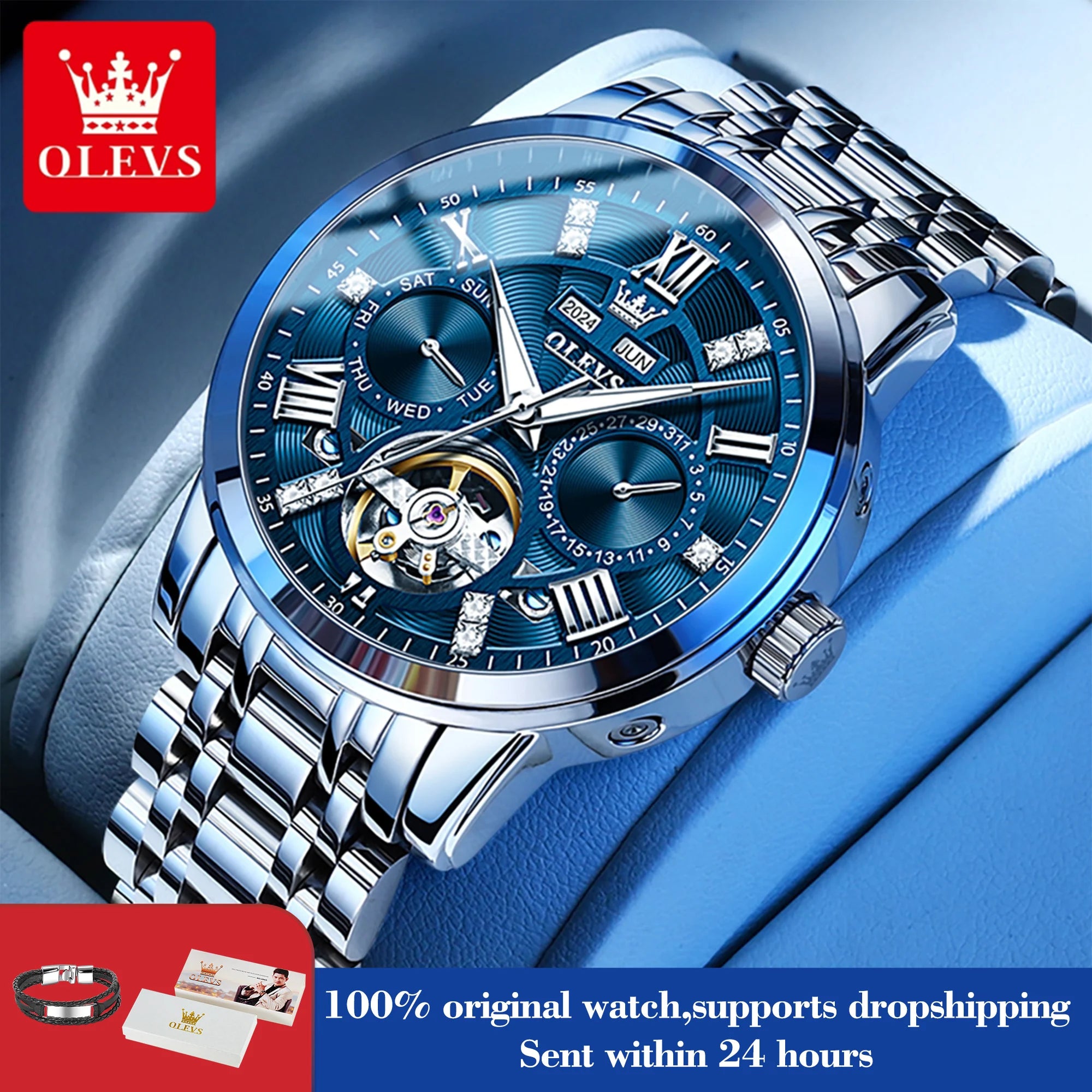 OLEVS 6701 Herrenuhren Top Marke Original Automatische Datumsanzeige Mechanische Uhr für Herren Hohl Wasserdicht Edelstahl Männliche Armbanduhr