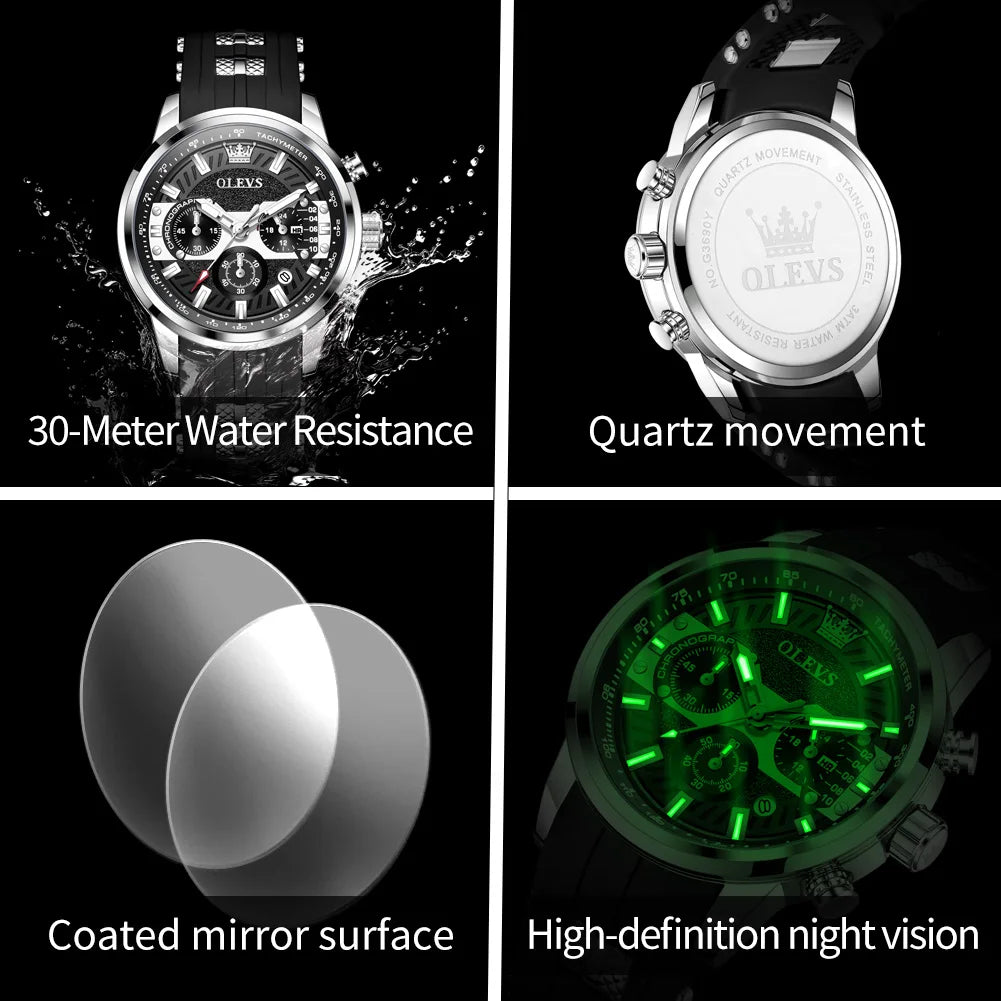OLEVS 3690 Herrenuhr Wasserdichte Kalender Quarz-Armbanduhr für Herren Hohe Härte Spiegel Leuchtend Original Mode Herrenuhr