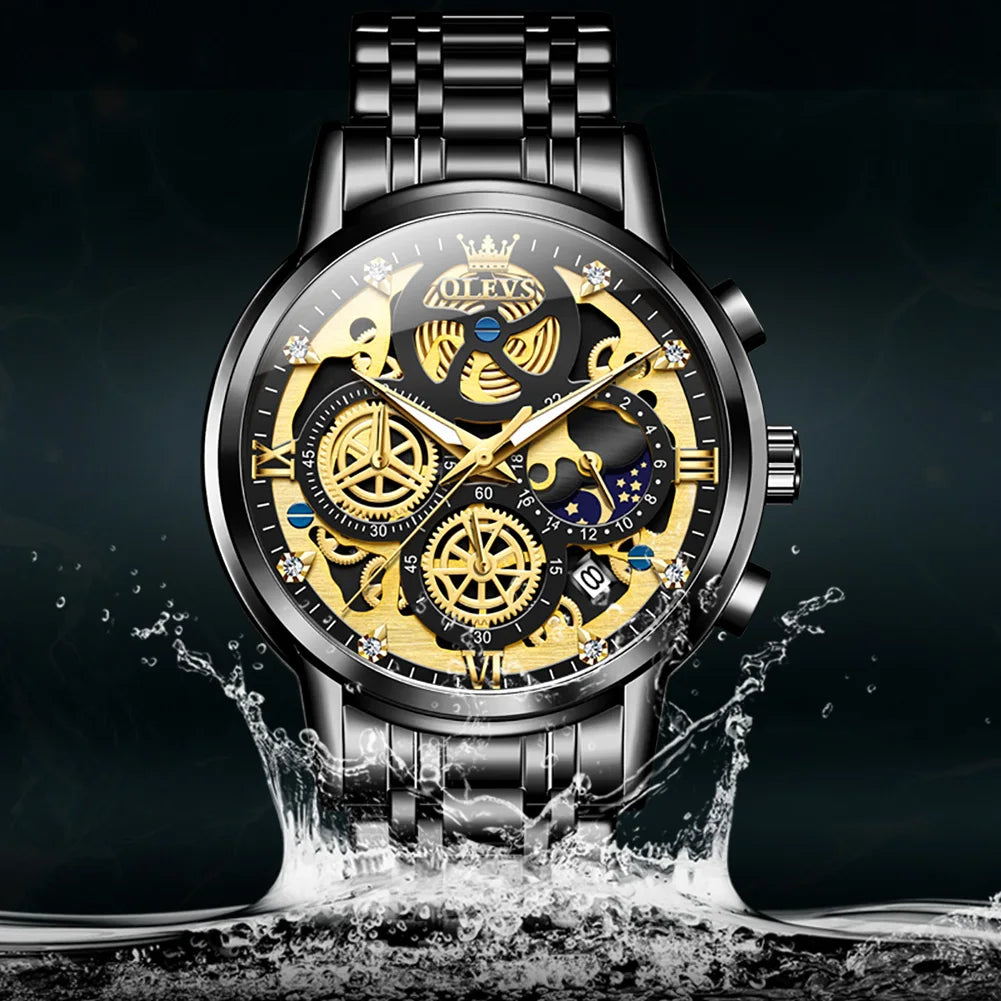OLEVS 9947 Original Klassische Skelett Quarzuhren für Herren Marke Wasserdichte Edelstahl Kalender Herren Armbanduhr