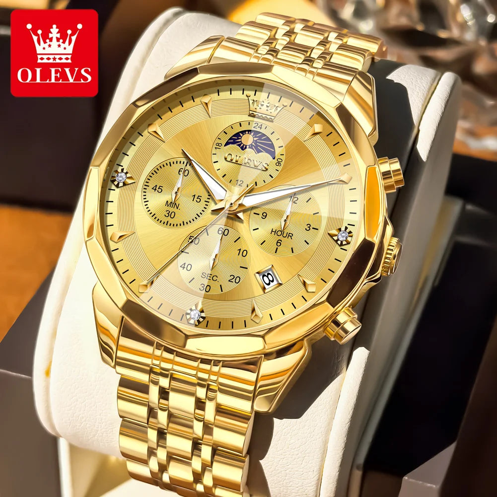 OLEVS 3673 Man Watch Fashion Chronograph Quartz Watch For Men 43mm Big Dial Moon Phase Calendar Waterproof Original Hand Clock