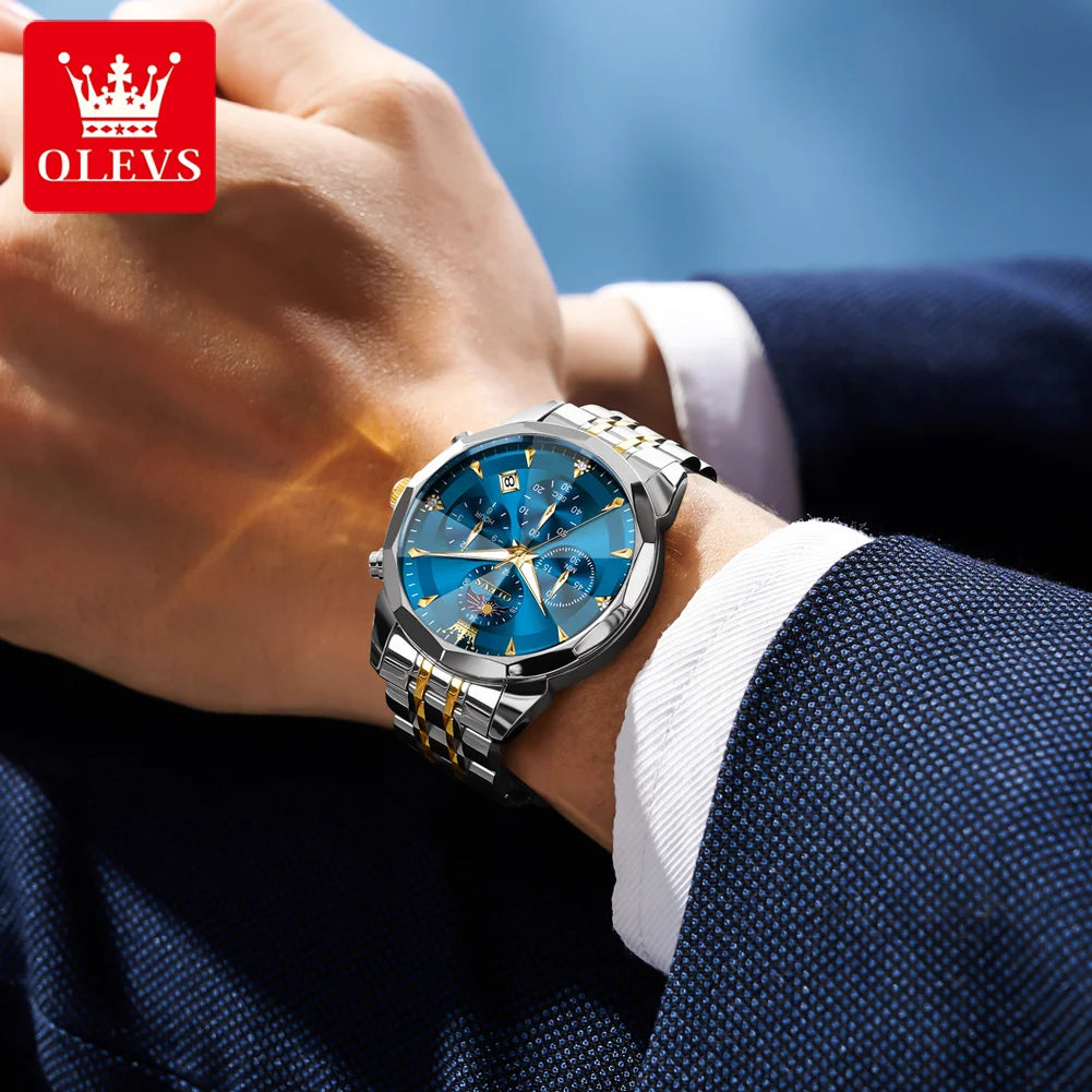 OLEVS 3673 Man Watch Fashion Chronograph Quartz Watch For Men 43mm Big Dial Moon Phase Calendar Waterproof Original Hand Clock