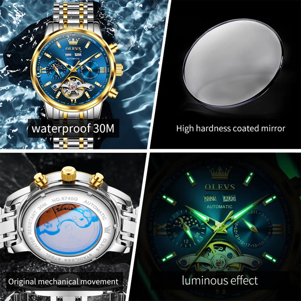 OLEVS Original Mondphasen-Uhren für Herren Schwungrad Automatische Mechanische Armbanduhr Wasserdicht Leuchtende Herrenuhren Geschenke 6740