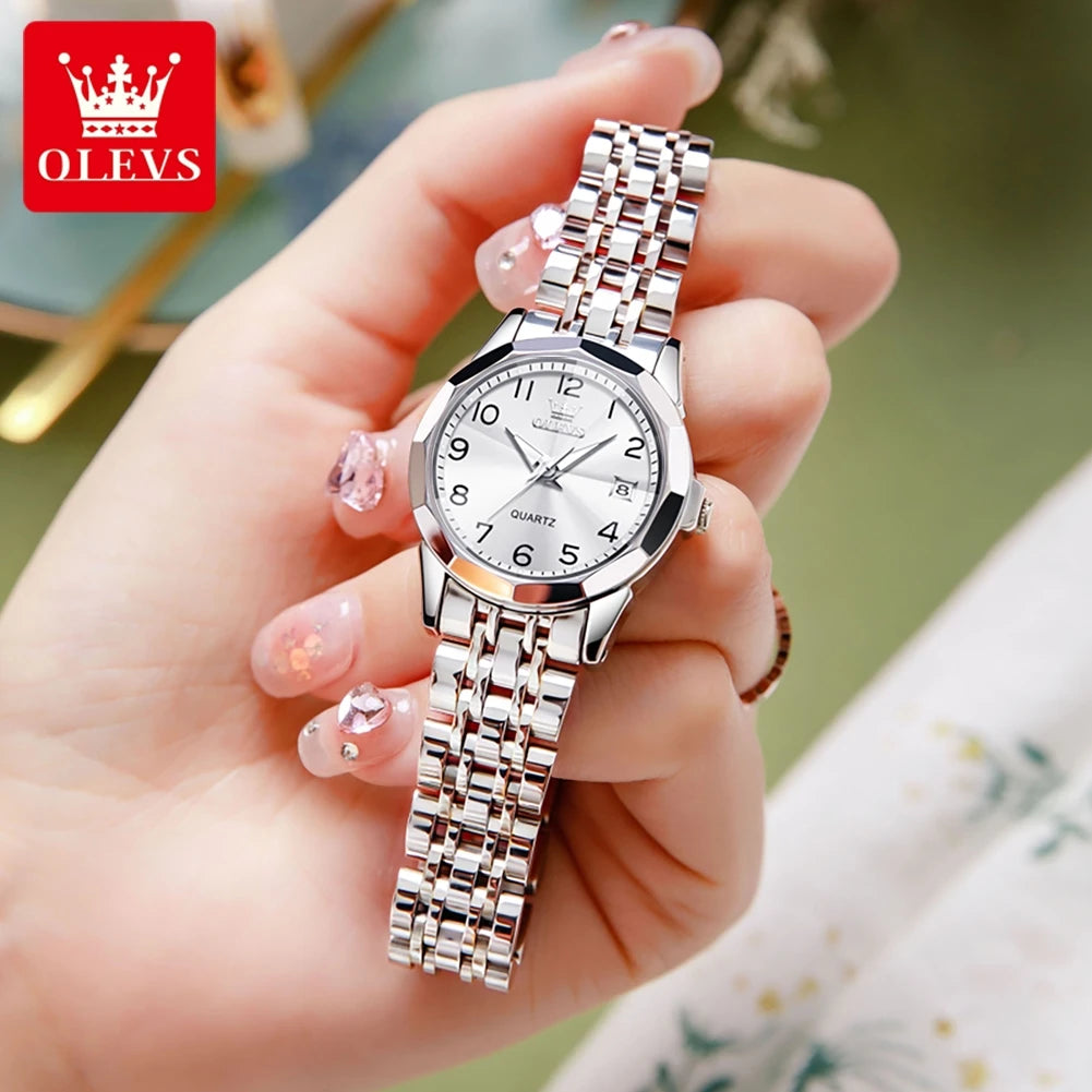 OLEVS 9970 Paar-Armbanduhr für Herren und Damen, luxuriöses Zifferblatt, Rhombus-Spiegel, Quarz-Handuhr, Edelstahl, originale Kleideruhren