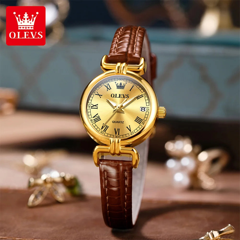 OLEVS 5645 Damenuhr Lederarmband Datum Quarzuhr für Damen Hochfeste Spiegelskala im römischen Stil Mode Damenuhr