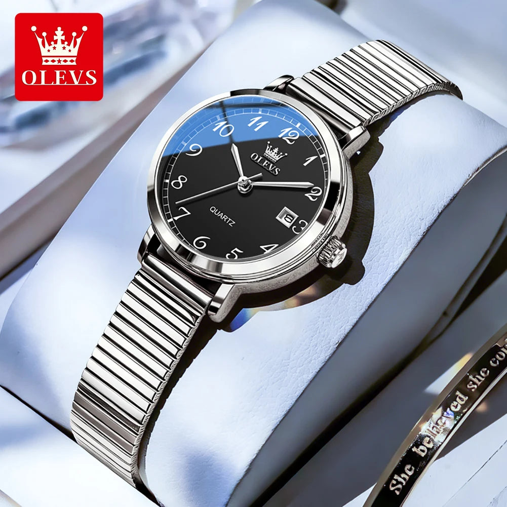 OLEVS 7130 Damenuhren Elegante Mesh-Armband Quarzuhr 9,5mm dünnes Gehäuse Wasserdichtes Automatisches Datum Damen Uhr