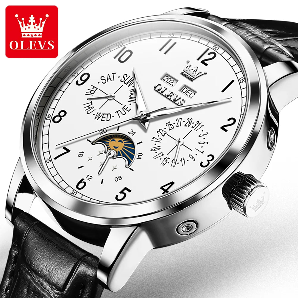 OLEVS 6698 Herren Automatikuhr mit Zifferblatt, Mondphase, mechanisch, für Herren, 42 mm großes Zifferblatt, wasserdicht, Leder, Herrenuhr