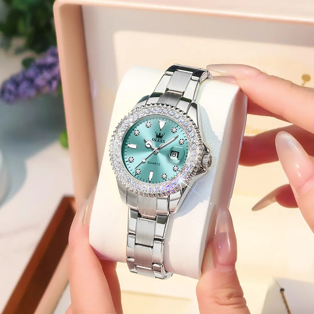 OLEVS 9945 Armbanduhr für Damen, klassisch, modisch, Datum, wasserdicht, Quarz, Damen-Kleideruhr, Luxus-Diamantskala, Originaluhren