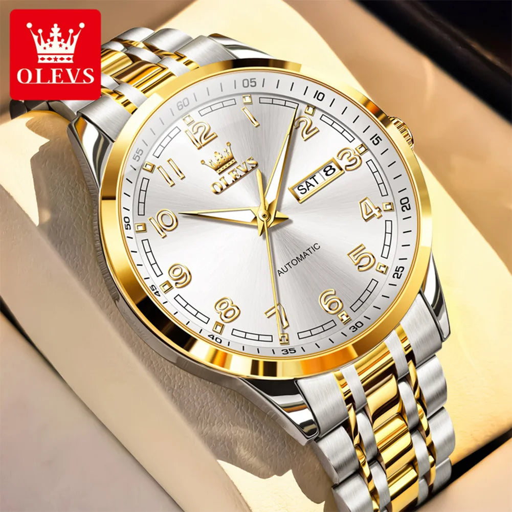 OLEVS 7077 Herren-Automatikuhr, Mode, Datum, mechanische Herrenuhr, Ziffernskala, luxuriös, wasserdicht, leuchtende Uhr für Herren
