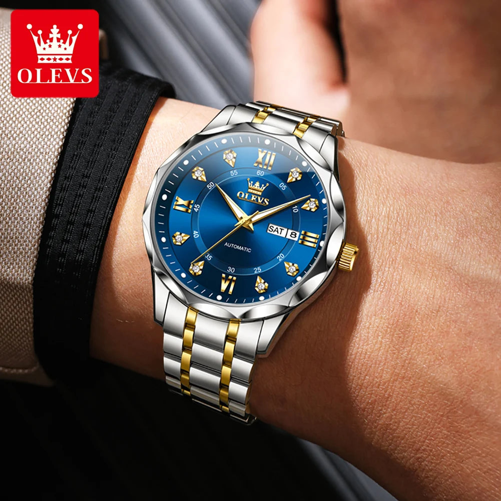 OLEVS 6727 Herren Automatikuhr Luxus Dual Kalender Mechanische Armbanduhr für Herren Zirkonskala Edelstahlarmband Wasserdichte Herrenuhr