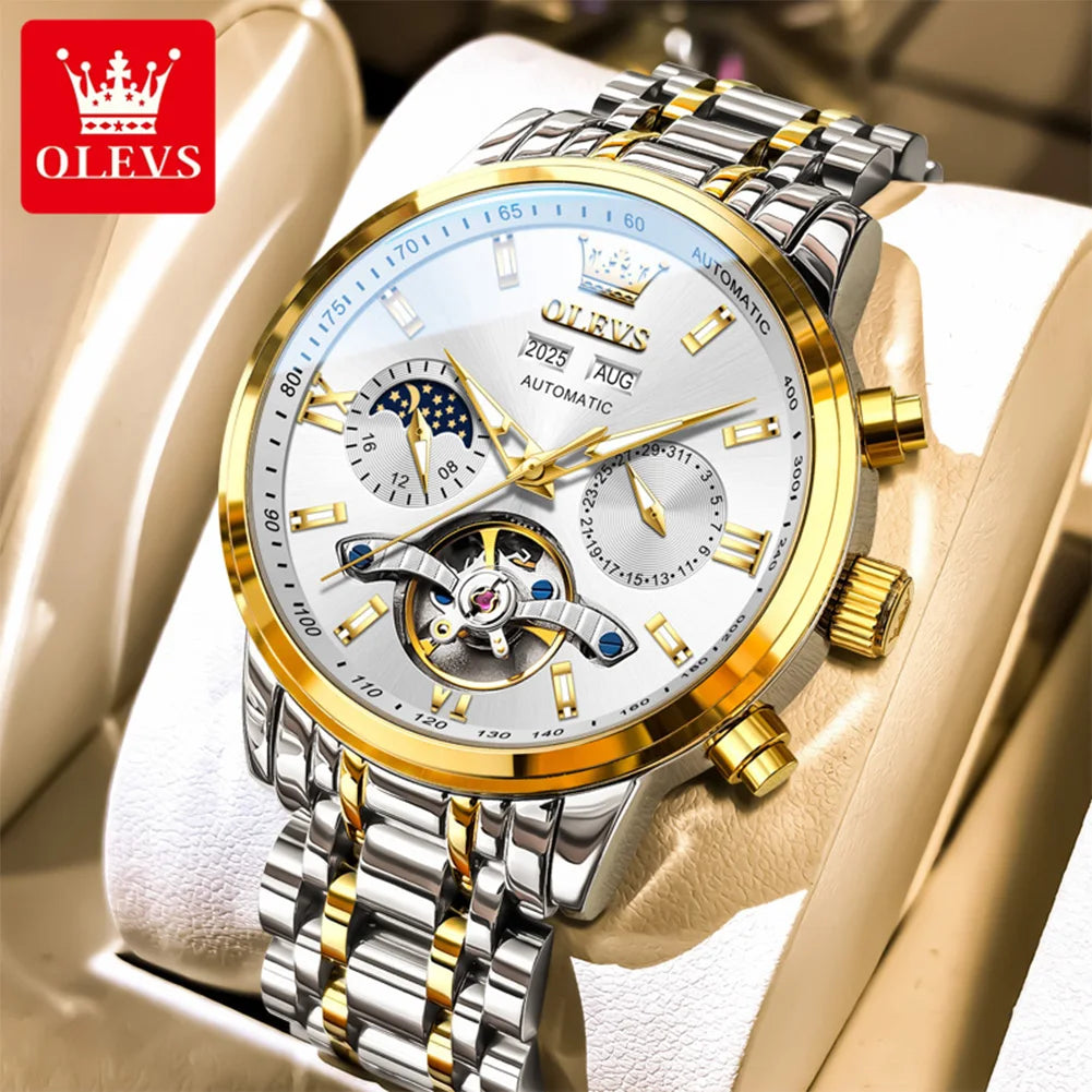 OLEVS Original Mondphasen-Uhren für Herren Schwungrad Automatische Mechanische Armbanduhr Wasserdicht Leuchtende Herrenuhren Geschenke 6740