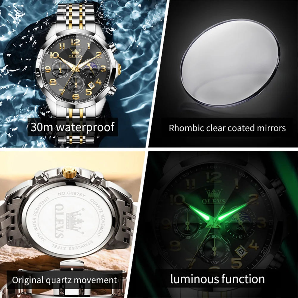 OLEVS 3676 Herrenuhr Top Marke Ziffernskala Quarzuhr für Herren 43mm Großes Zifferblatt Chronograph Wasserdicht Mode Herrenarmbanduhr
