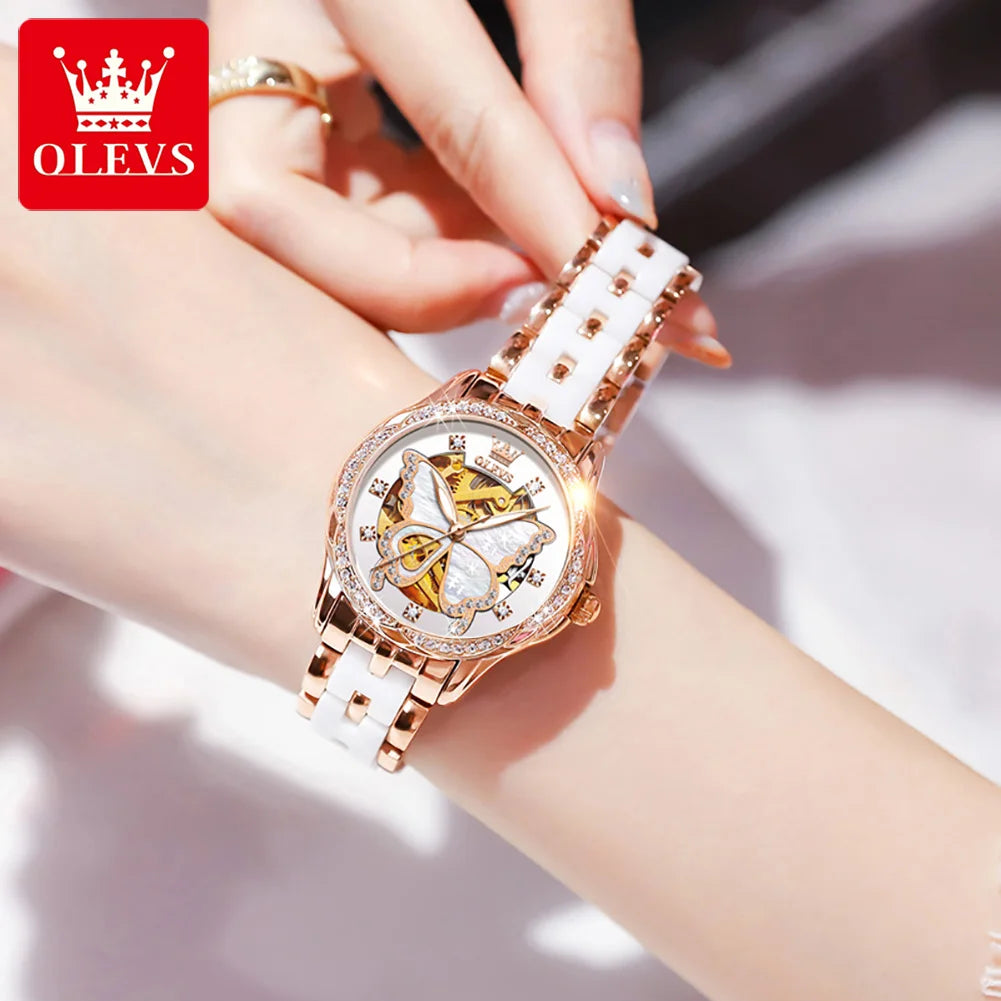 OLEVS 6622 Watch For Women Butterfly Dial Luxury Mechanical Woman Watch Waterproof Luminous Diamond Ladies Automatic Hand Clock