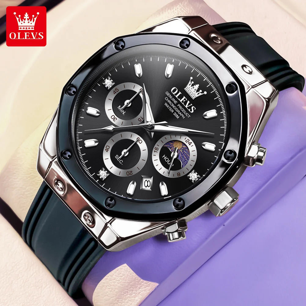 OLEVS 9911 Herren Quarz-Uhr Großes Zifferblatt Chronograph Uhr für Herren Moonswatch Datum Mode Wasserdicht Männliche Armbanduhr Silikonband
