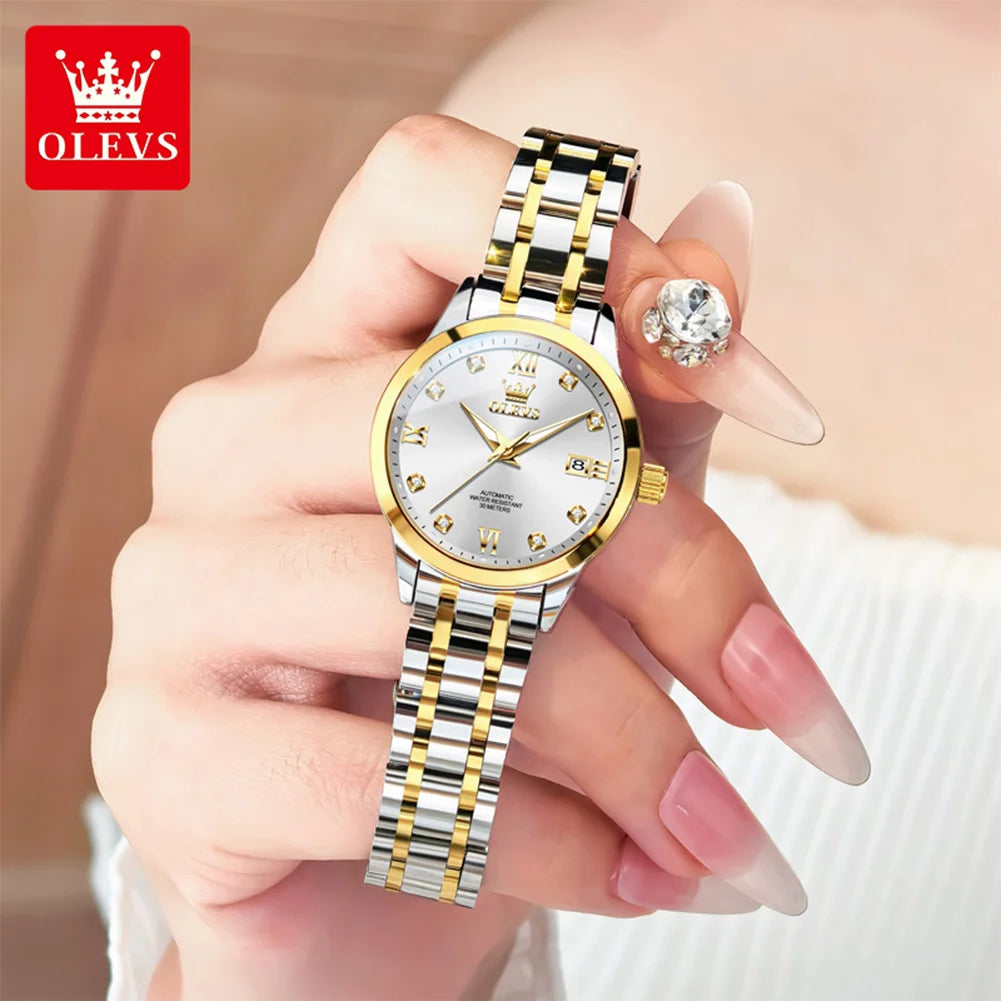 OLEVS 9946 Automatische Damenuhr Modische Diamantskala Original Mechanische Uhr Für Damen Kalender Luxus-Kleideruhr