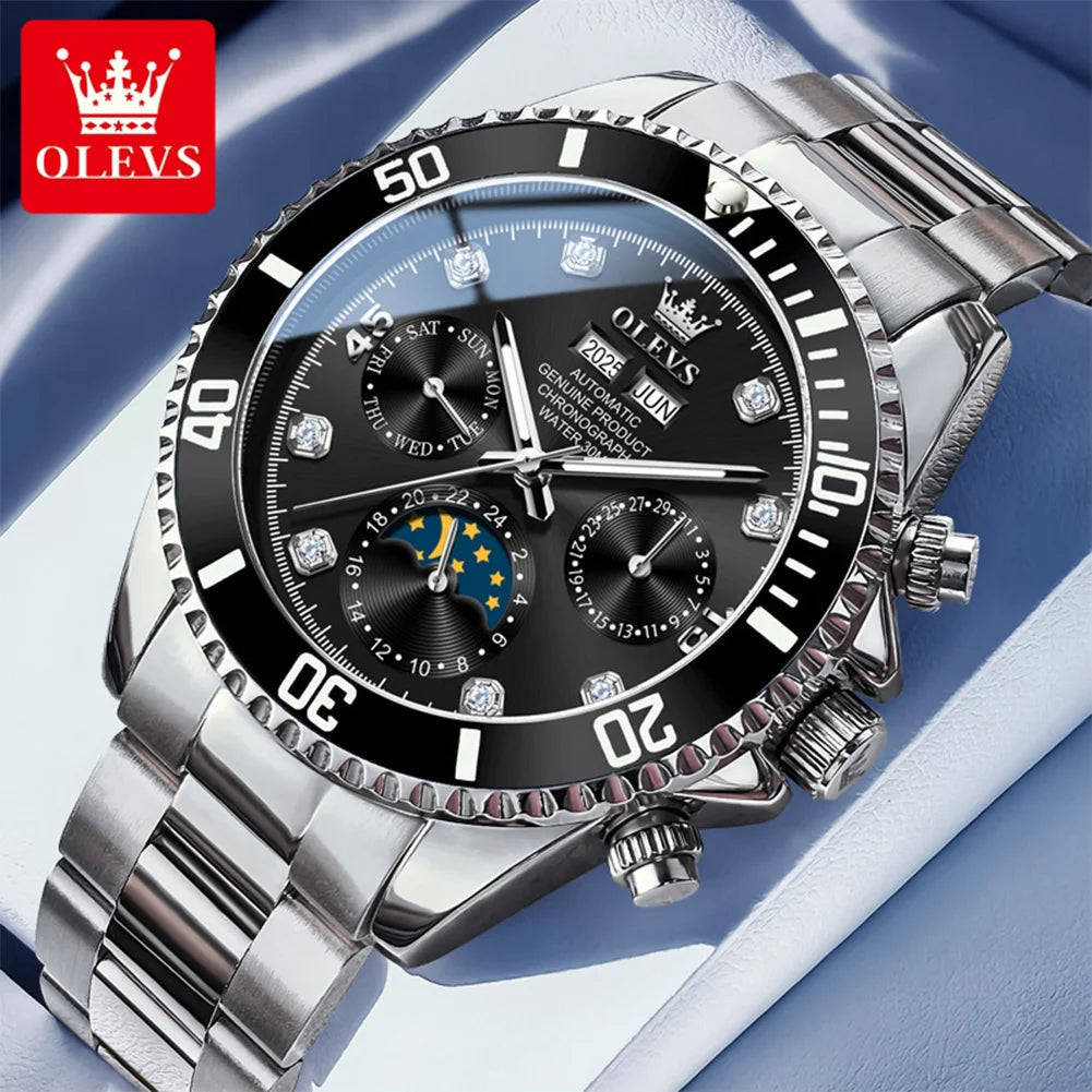 OLEVS 6729 Herren Automatikuhr Luxus Business Mondphase Mechanische Uhr für Herren 30M Wasserdicht Kalender Original Handuhr