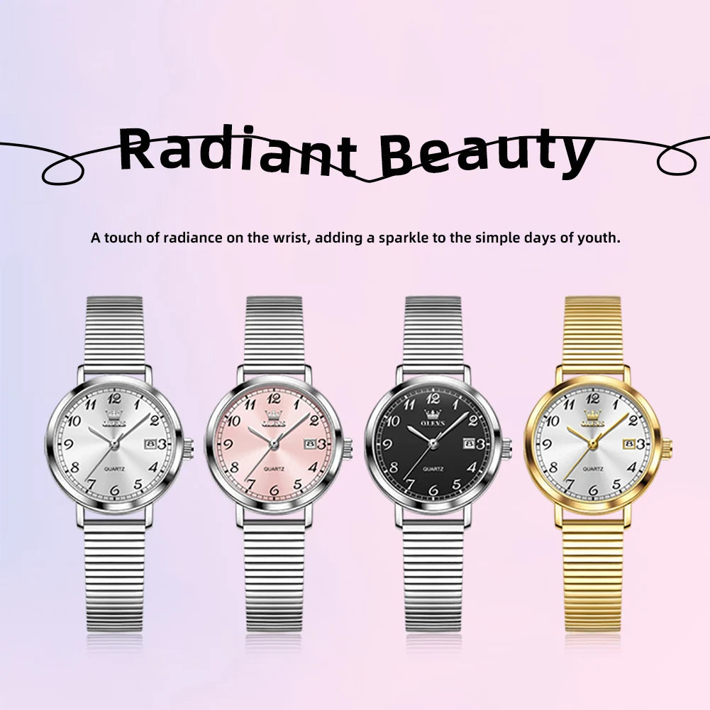 OLEVS 7130 Damenuhren Elegante Mesh-Armband Quarzuhr 9,5mm dünnes Gehäuse Wasserdichtes Automatisches Datum Damen Uhr
