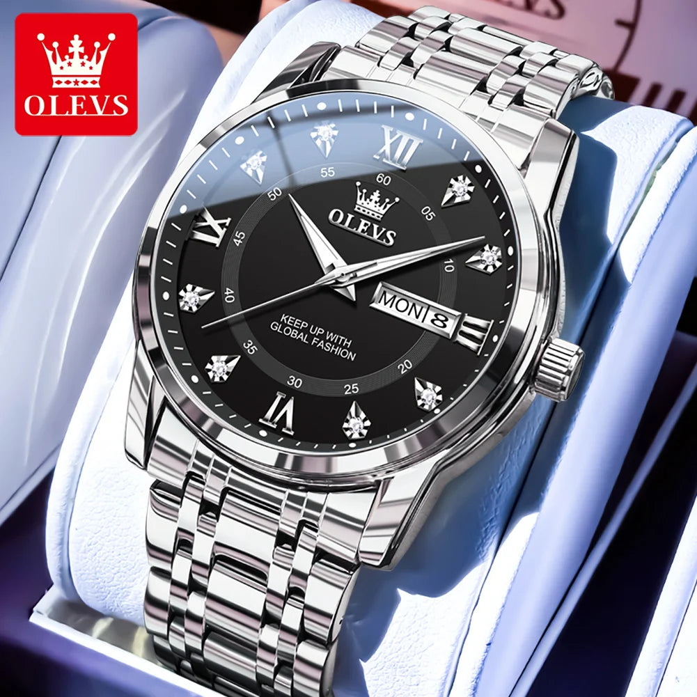 OLEVS 5513 Armbanduhr Herren Dual-Kalender Mode Quarzuhr Für Männer Diamant-Skala Edelstahl Luxus Herren Armbanduhr Wasserdicht