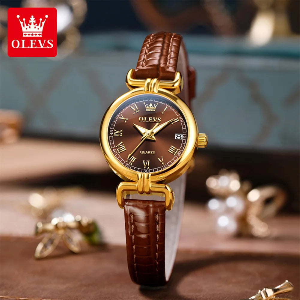 OLEVS 5645 Damenuhr Lederarmband Datum Quarzuhr für Damen Hochfeste Spiegelskala im römischen Stil Mode Damenuhr