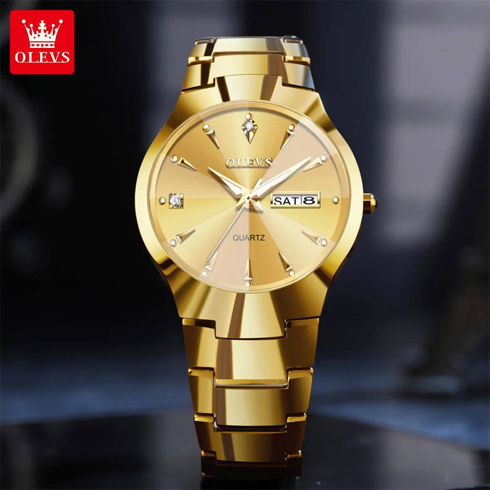 OLEVS 8697 Herrenuhr Top Marke Luxus Dual-Kalender Quarzuhr für Herren Rhombus-Spiegel Wolframstahlarmband Herren-Armbanduhr