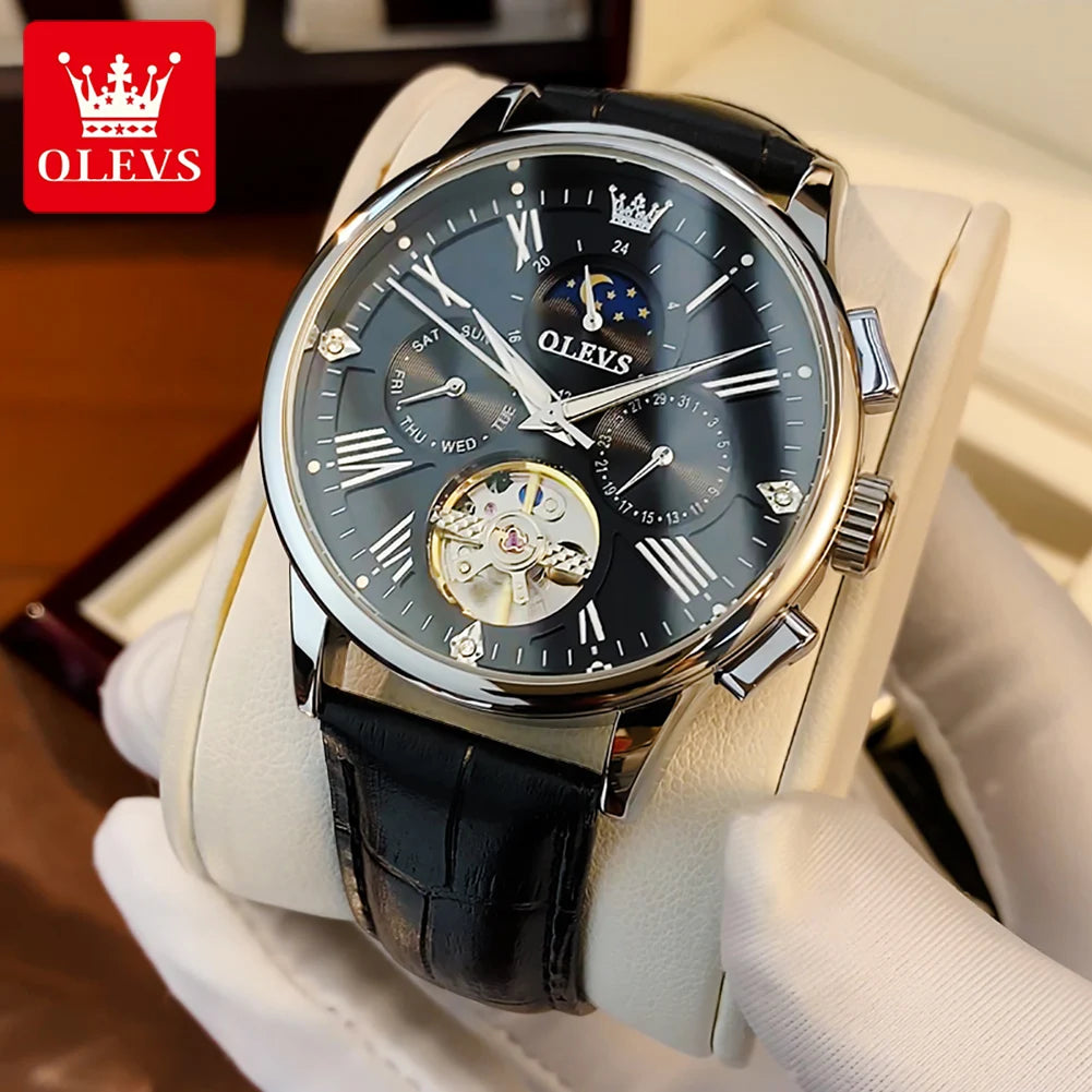OLEVS Luxus-Herrenuhren Original Fashion Skeleton Automatische mechanische Uhren Wasserdichte Mondphasenuhren für Männer 9912