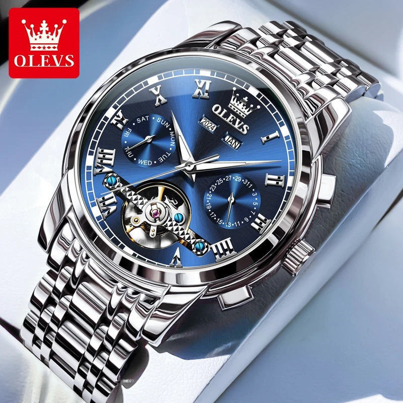 OLEVS Uhren für Herren Luxus-Edelstahl-Schwungrad-Automatik-Uhr Handuhr Woche Datum Wasserdicht Leuchtende Herrenuhr 6607