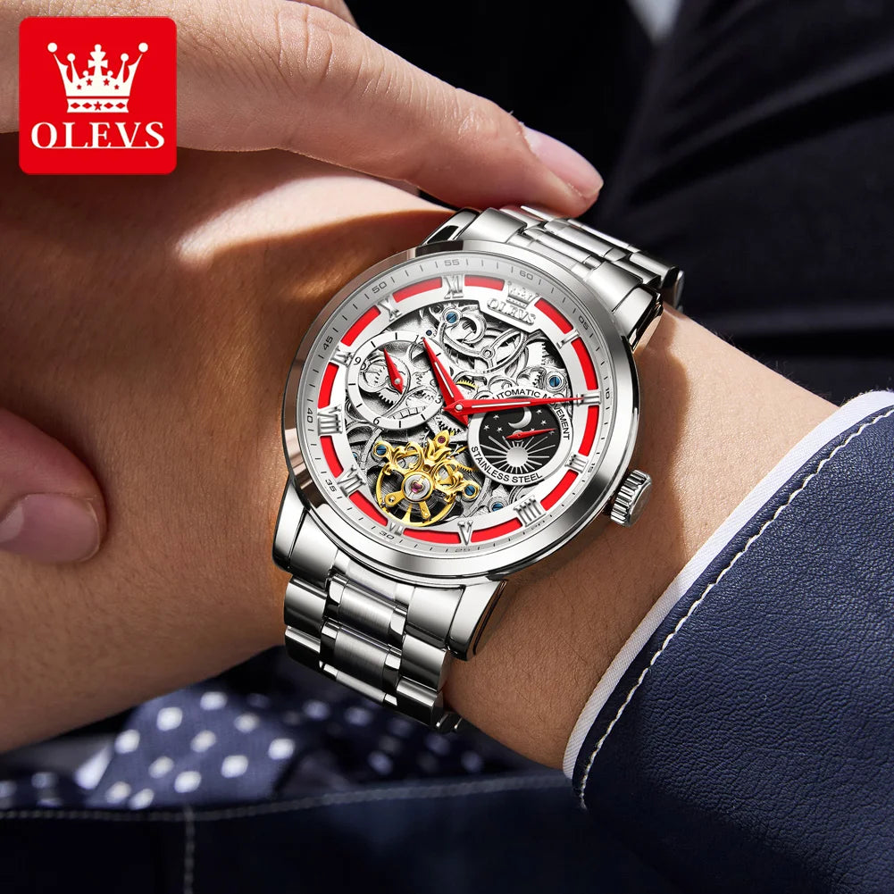 OLEVS Herrenuhr Original Luxusmarke Skelett Mechanische Armbanduhr Mondphase Wasserdicht Business Herrenuhr 6670