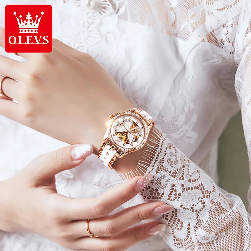 OLEVS 6622 Watch For Women Butterfly Dial Luxury Mechanical Woman Watch Waterproof Luminous Diamond Ladies Automatic Hand Clock