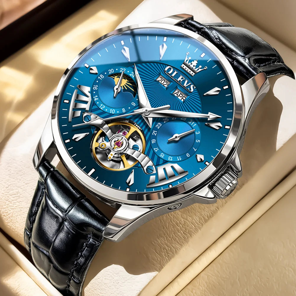 OLEVS 7103 Herrenuhr Schwungrad Automatische Mechanische Armbanduhr Wasserdicht Ewiger Kalender Mondphase Uhren für Herren Klassisch