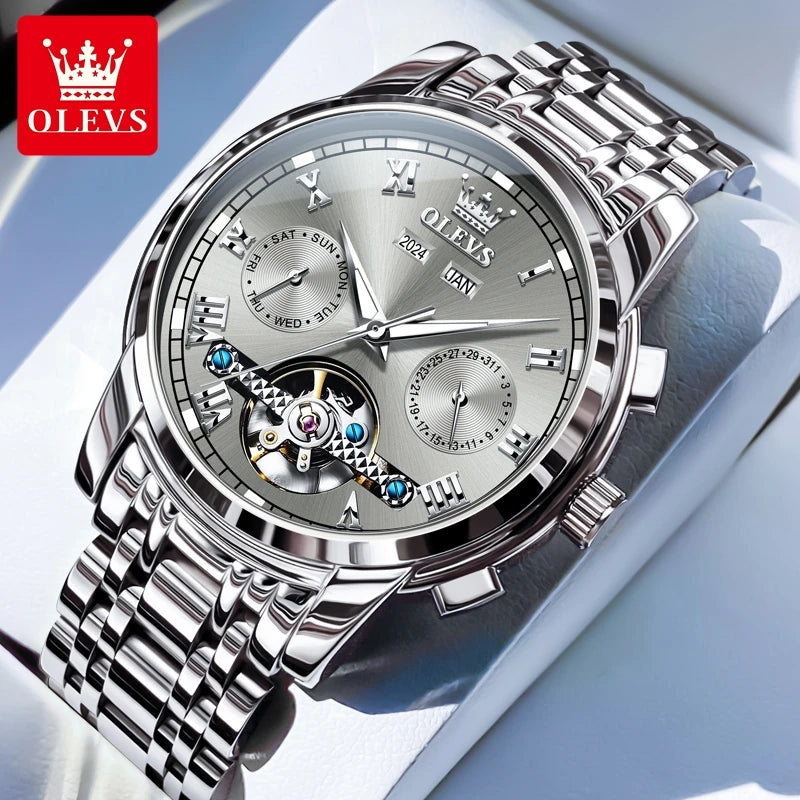 OLEVS Uhren für Herren Luxus-Edelstahl-Schwungrad-Automatik-Uhr Handuhr Woche Datum Wasserdicht Leuchtende Herrenuhr 6607