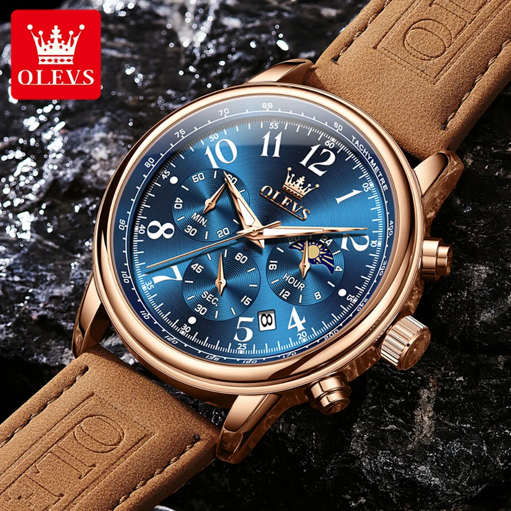 OLEVS 2912 Sport Chronograph Quartz Watch For Men Moon Phase Number 43mm Big Dial Man Watches Waterproof Original Hand Clock