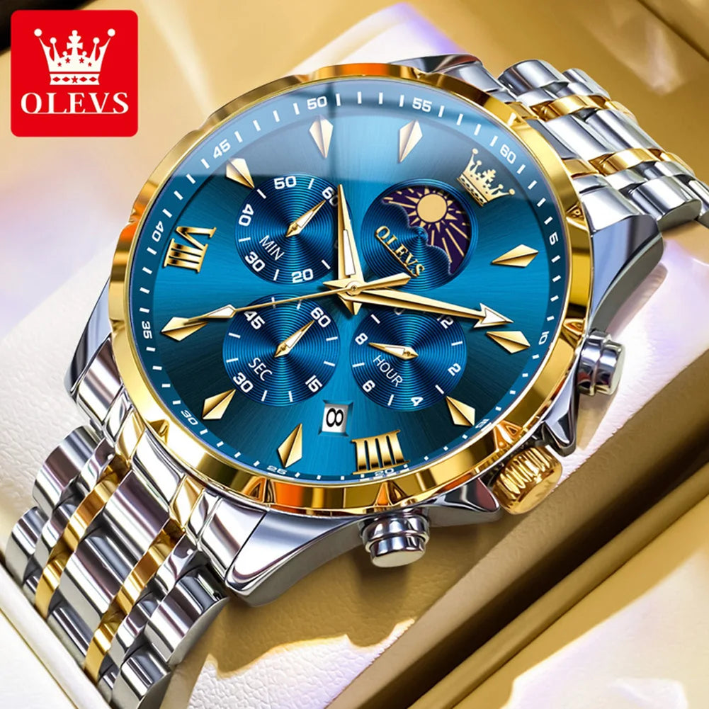 OLEVS 3653 Watch For Men Original Chronograph Quartz Male Hand Clock Steel Strap Moon Phase Date Waterproof Top Brand Man Watch