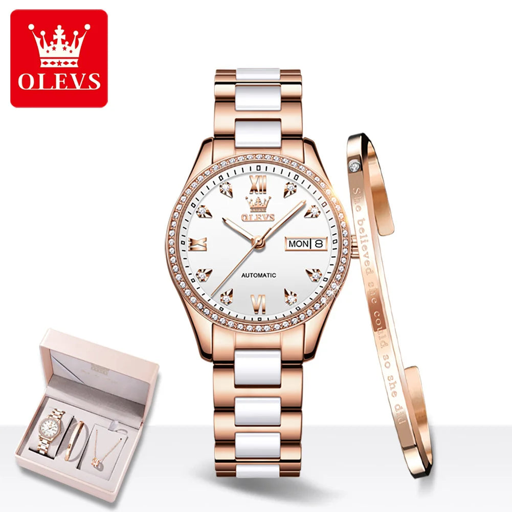 OLEVS 6637 Damenarmbanduhren Wasserdichte Dual-Kalender Mechanische Uhr für Frauen Original Diamant-Skala Leuchtende Luxus-Handuhr