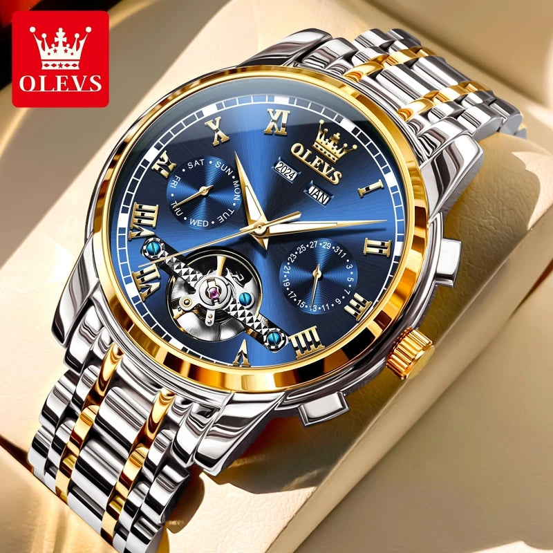 OLEVS Uhren für Herren Luxus-Edelstahl-Schwungrad-Automatik-Uhr Handuhr Woche Datum Wasserdicht Leuchtende Herrenuhr 6607