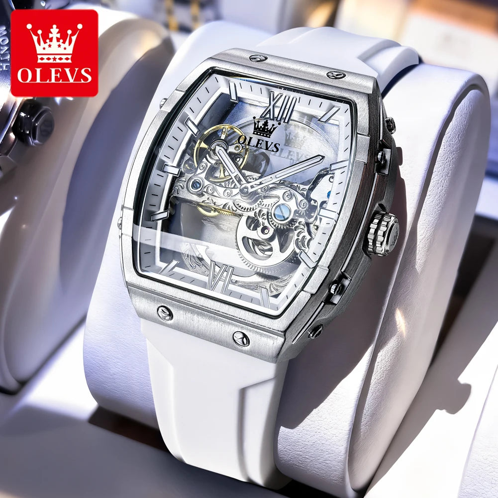 OLEVS 6779 Herrenuhr Skelett Luxus Tonneau Mechanische Uhren für Männer Wasserdichtes Silikonarmband Automatische Handaufzugsuhr Geschenkbox