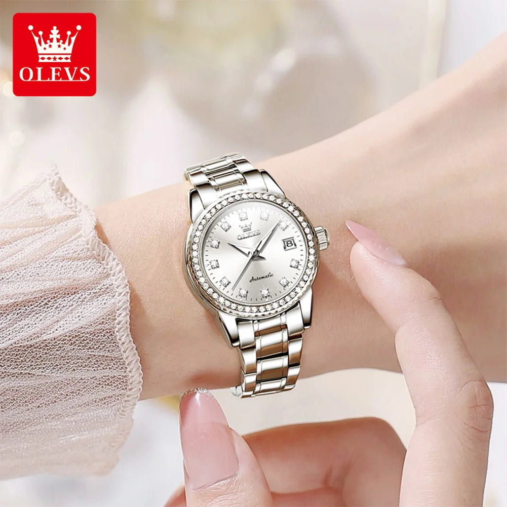 OLEVS 7003 Damen Automatikuhr Diamant-Skala Mechanische Uhr für Damen Stahlarmband Luxus Datum Damenuhr Wasserdicht