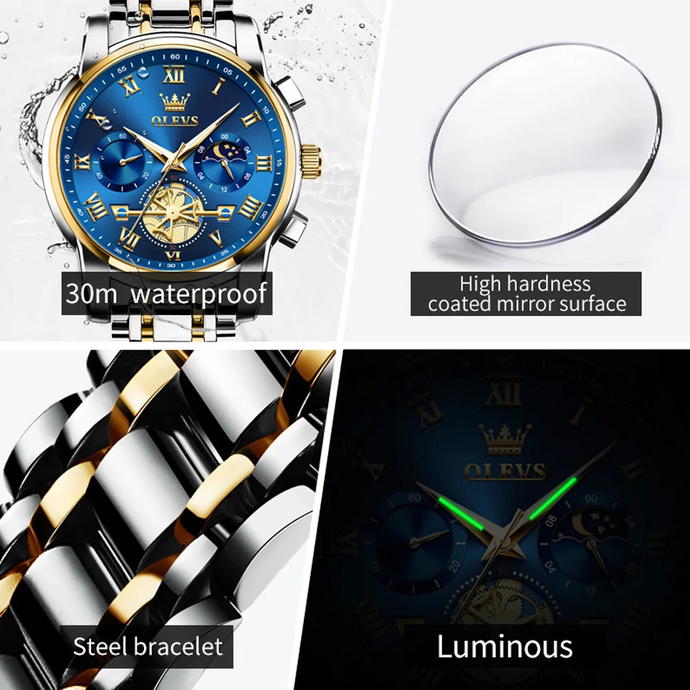OLEVS 2859 Herrenuhr Mondphase Quarzuhr für Herren Wasserdicht Leuchtend Edelstahl Luxusmarke Original Armbanduhr Herren