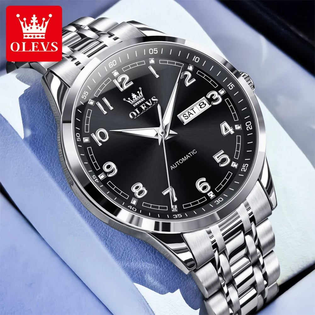 OLEVS 7077 Herren-Automatikuhr, Mode, Datum, mechanische Herrenuhr, Ziffernskala, luxuriös, wasserdicht, leuchtende Uhr für Herren
