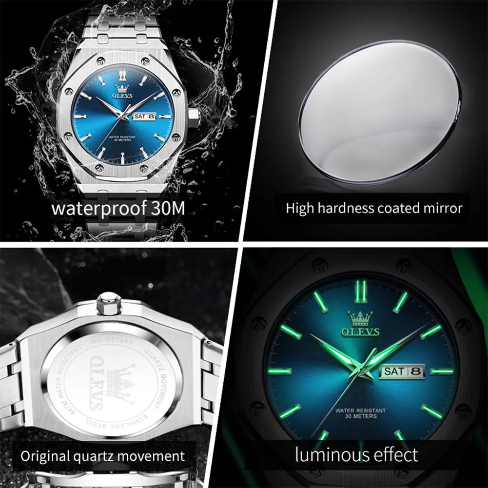 OLEVS 3726 Herrenuhr Chronograph Datum Wochentag Quarzuhren für Herren Edelstahl Luxus-Armbanduhr Wasserdicht Leuchtend Reloj