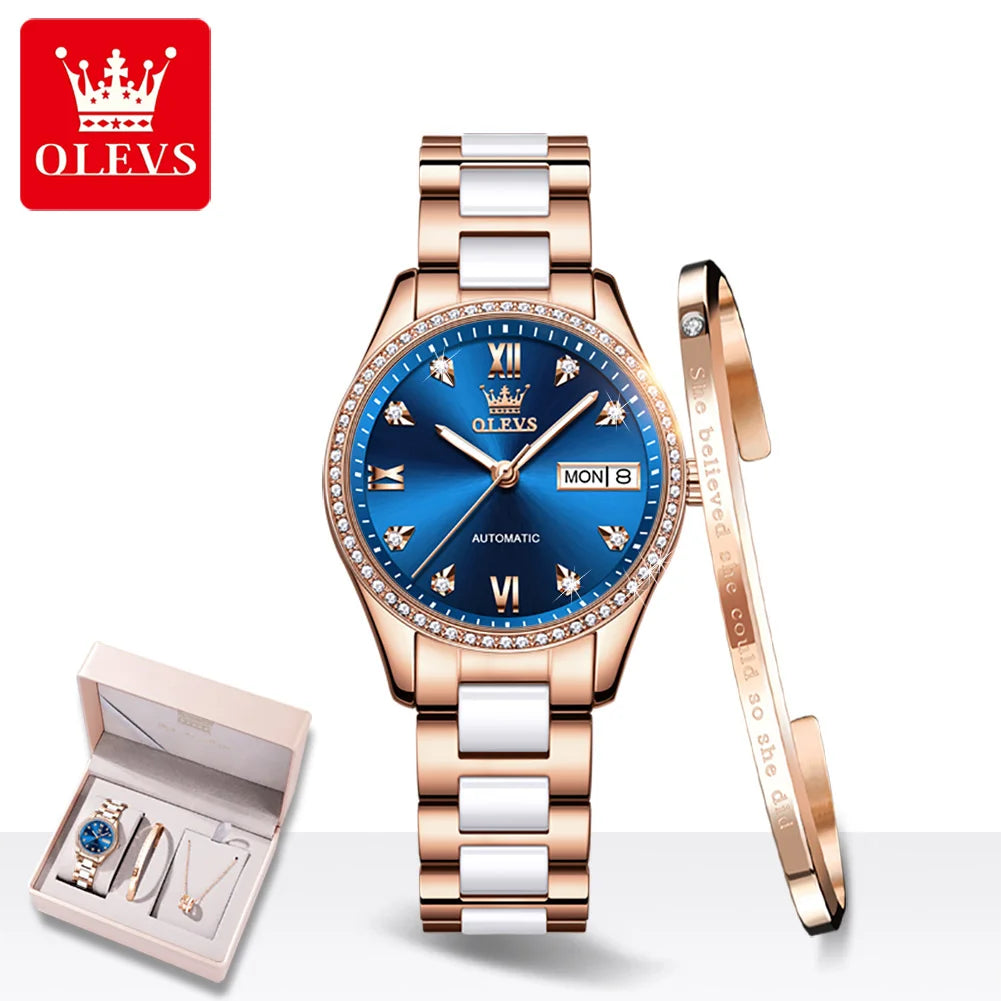 OLEVS 6637 Damenarmbanduhren Wasserdichte Dual-Kalender Mechanische Uhr für Frauen Original Diamant-Skala Leuchtende Luxus-Handuhr