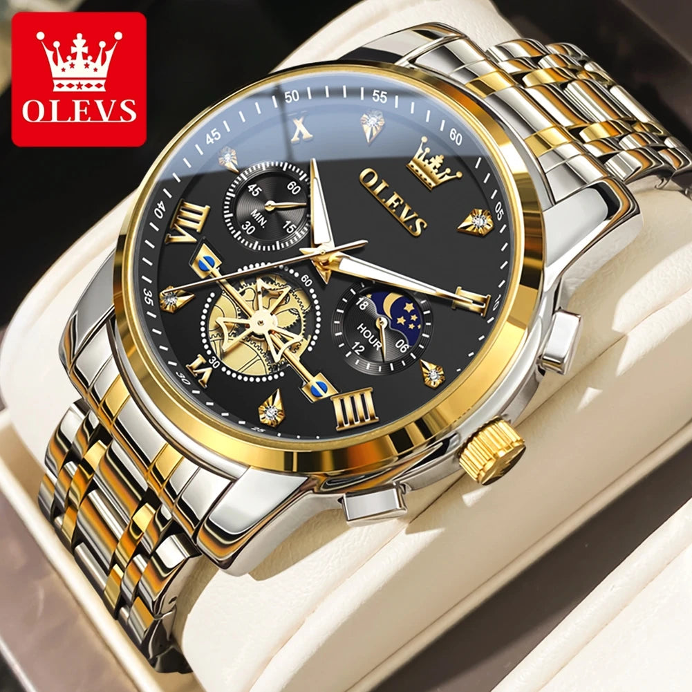 OLEVS 42mm Herrenuhr mit großem Zifferblatt, Mondphase, 24-Stunden-Anzeige, wasserdichte Quarz-Herrenarmbanduhr, Original Luxus Armbanduhr 2856
