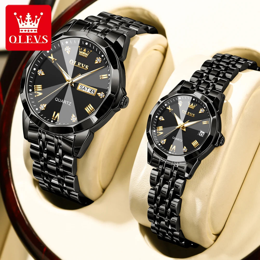OLEVS 9931 Uhr für Herren und Damen Römische Skala Quarz-Paaruhr Rhombus-Spiegel Automatisches Datum Armbanduhr Luxus Wasserdichte Handuhr